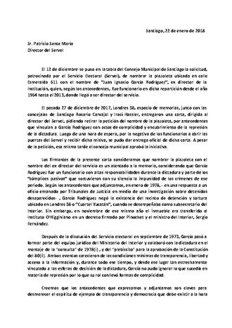 Carta presentada al Servel por Londres 38, agrupaciones de DDHH y concejales de Santiago. Carta presentada al Servel por Londres 38, agrupaciones de DDHH y concejales de Santiago.