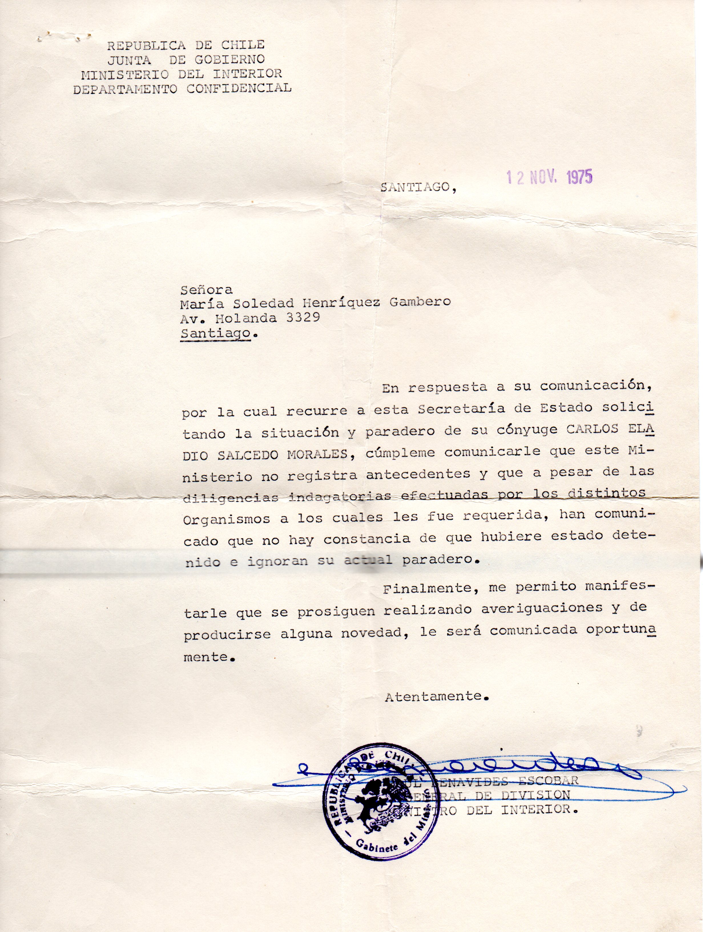Carta de respuesta ante solicitud de información sobre el paradero de Carlos Salcedo Carta de respuesta ante solicitud de información sobre el paradero de Carlos Salcedo