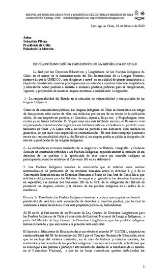 Carta a Sebastián Piñera - versión español Carta a Sebastián Piñera - versión español