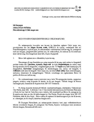 Carta a Sebastián Piñera - versión mapudungun Carta a Sebastián Piñera - versión mapudungun