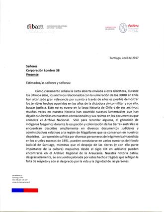 Carta abierta enviada por Londres 38 junto a organizaciones de derechos humanos y archivos. Respuesta de la directora del Archivo Nacional Carta abierta enviada por Londres 38 junto a organizaciones de derechos humanos y archivos. Respuesta de la directora del Archivo Nacional