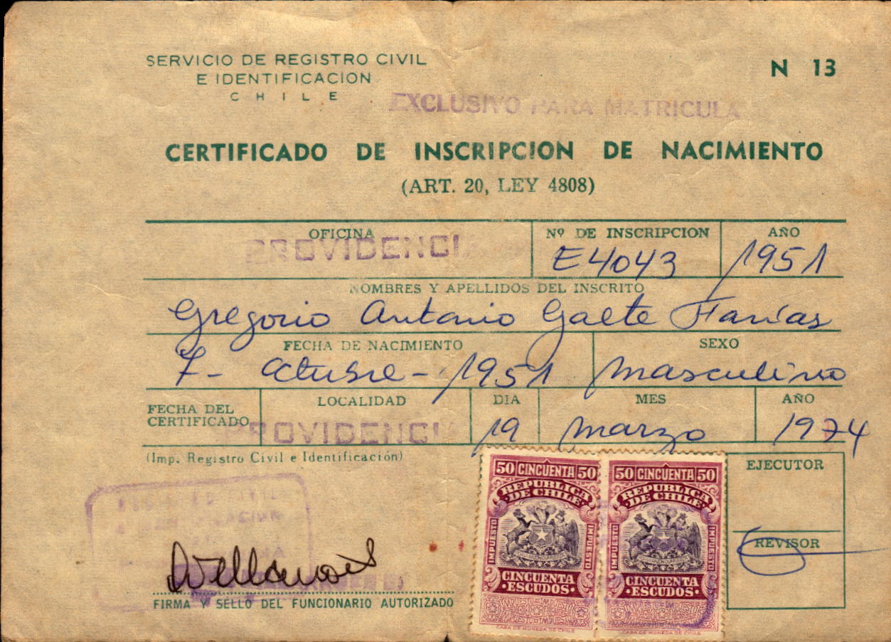 Certificado de nacimiento de Gregorio Gaete Certificado de nacimiento de Gregorio Gaete