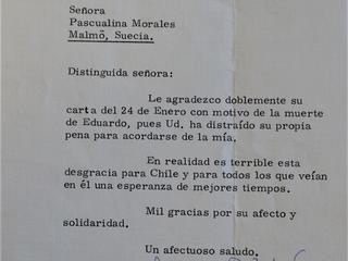 Carta de María Ruiz Tagle a Pascualina Morales por la muerte de Eduardo Frei Montalva
