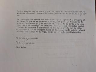 Carta de Olof Palme a Pascualina Morales
