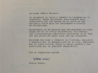 Carta de Pierre Schori a Pascualina Morales