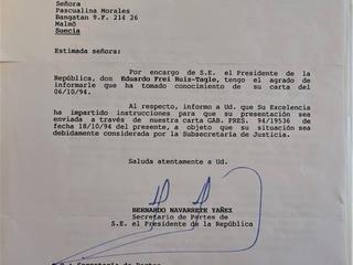 Carta del Secretario de Partes del Presidente Eduardo Frei a Pascualina Morales